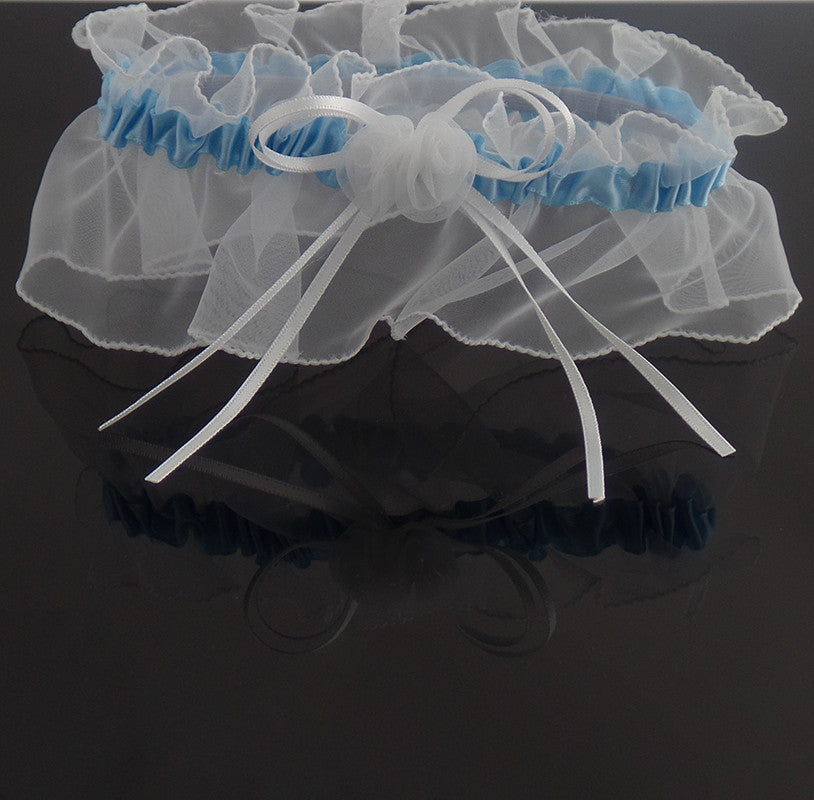 Fancy White and Blue Bride Wedding Garter with Rose and Bow - Gifts Are Blue - 3