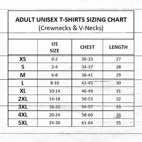 Wedding Party T-Shirts - Adult Unisex T-Shirts Sizing Chart