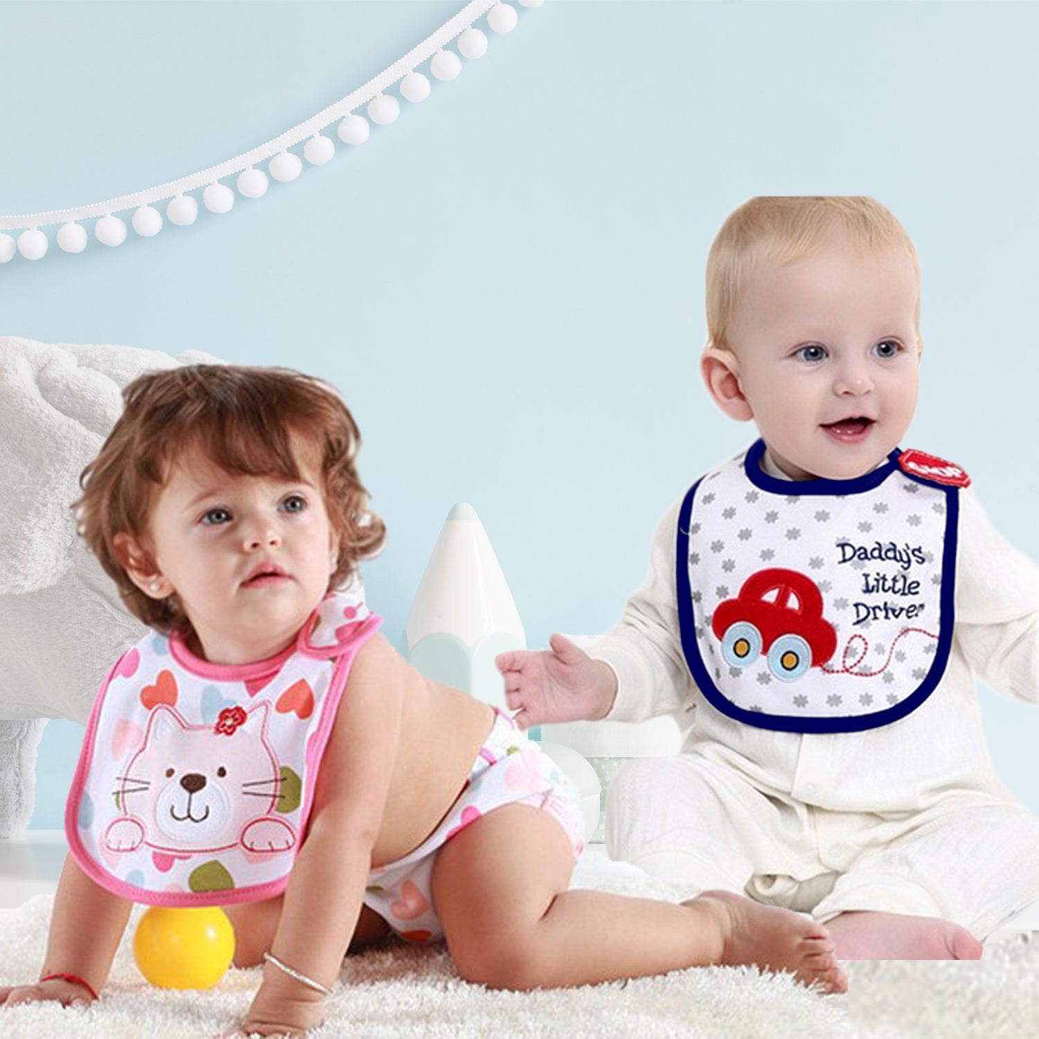 2 Pack of Baby Waterproof Cotton Bibs with Embroidered Designs - Gifts Are Blue - Babies Wearing Waterproof Bibs
