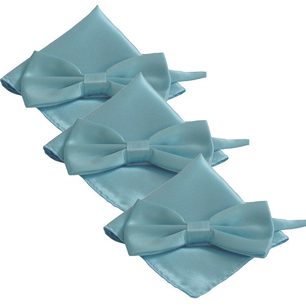 Mens Smooth Satin Feel Formal Pre-Tied Bow Tie and Pocket Square Sets - Gifts Are Blue - 1