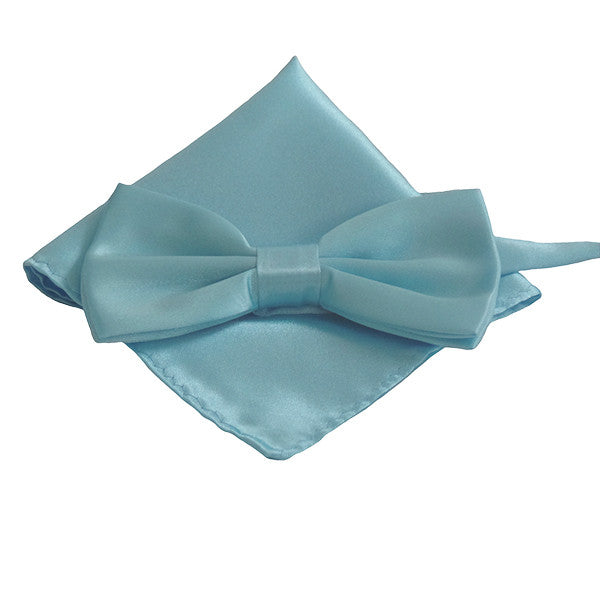 Mens Smooth Satin Feel Formal Pre-Tied Bow Tie and Pocket Square - Gifts Are Blue - 1