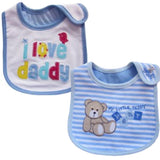 2 Pack of Baby Waterproof Cotton Bibs with Embroidered Designs - Gifts Are Blue - Baby Boy I Love Daddy Sitting Teddy Design