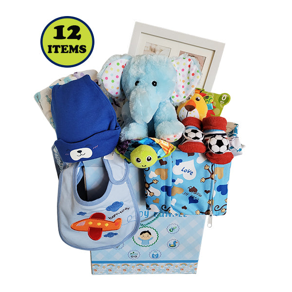 Gifts Are Blue Boy Baby Bundle Gift Set Basket 12 items
