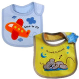 2 Pack of Baby Waterproof Cotton Bibs with Embroidered Designs - Gifts Are Blue - Baby Boy Toy Plane Sleeping Teddy Design