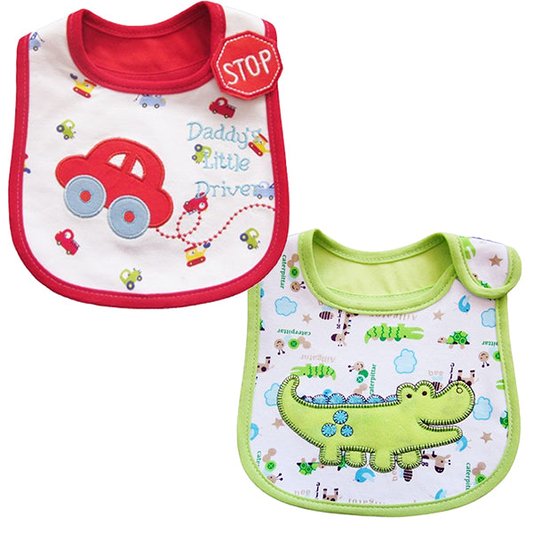 2 Pack of Baby Waterproof Cotton Bibs with Embroidered Designs - Gifts Are Blue - Baby Boy Dino Car Design Bib