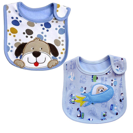 2 Pack of Baby Waterproof Cotton Bibs with Embroidered Designs - Gifts Are Blue - 2