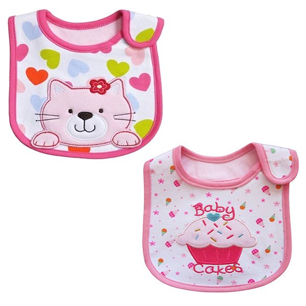 2 Pack of Baby Waterproof Cotton Bibs with Embroidered Designs - Gifts Are Blue - Baby Girl Kitty Cake Design