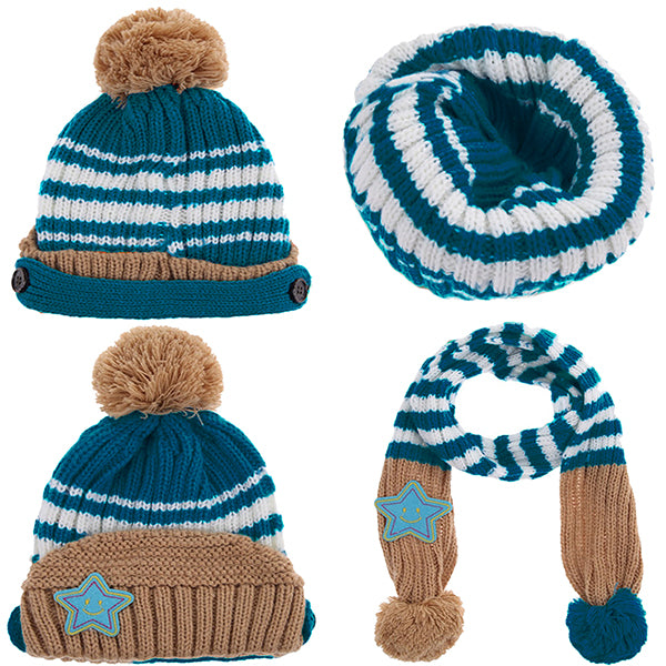 Kids Baby Blue Double Bobble Hat & Scarf Set