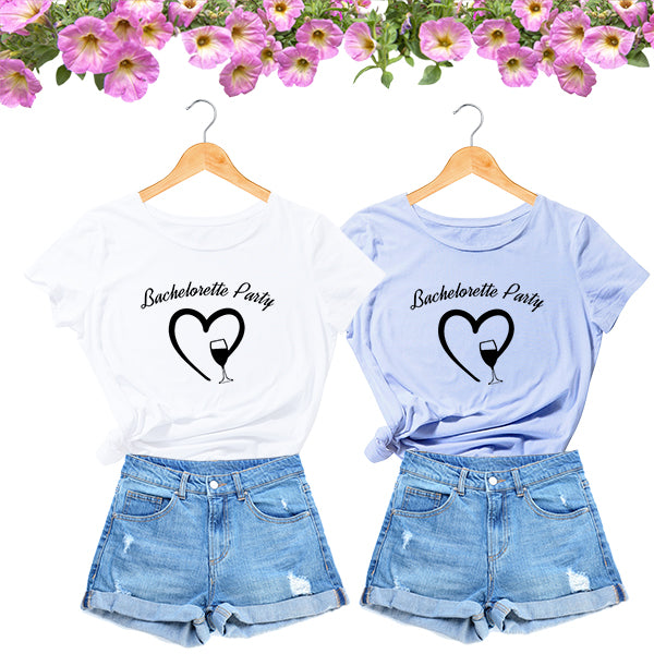 Personalized Bachelorette Party Bride and Bridesmaids T-Shirts, Bridesmaid Shirts - White and Light blue Shirt with Shorts; all SKUS