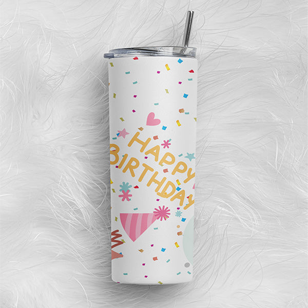 Birthday Girl Tumbler with Confetti and Balloons for Birthday Celebration
