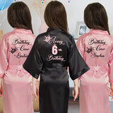 Birthday Girl Robes, Girl satin robe with name.  Rose pink birthday crew robes with black girl robe for 6th birthday