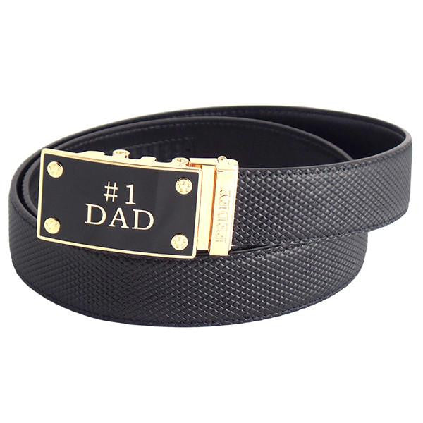 FEDEY Mens Ratchet Belt, Leather, Classic,  No1 DAD Statement Buckle, main, Black/Gold