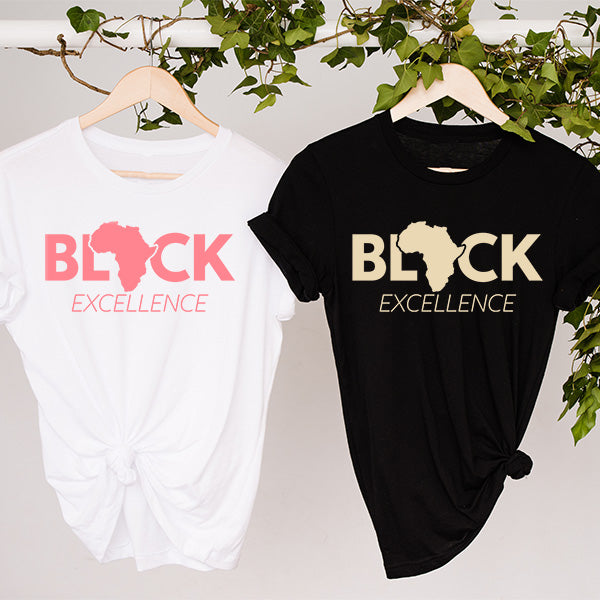 Our Black Excellence shirts offers a simple text with an Africa Map in the middle of the word Black.  It’s a great inspirational shirt for any day wear.  Wear on HBCU campus, or anywhere.  You can easily pair with Jeans, joggers and shorts.