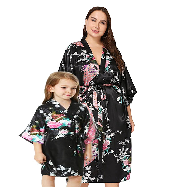 Mommy and Me Robes, Floral, Satin, Black, Main, all SKUs