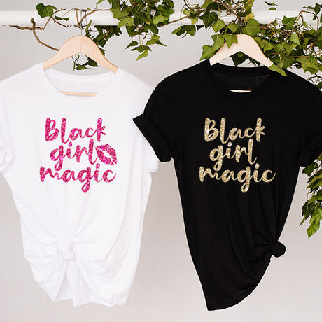 Black Girl Magic Crop Tops pairs great with ripped jeans, shorts, joggers and more.  Great for a girls date night, to wear on college campus (HBCU or any other) and more.  A cute self love shirt.