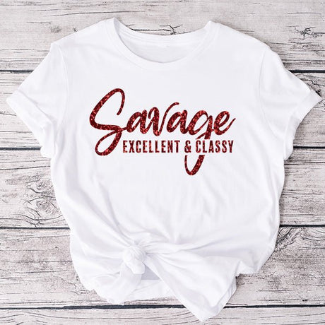 Our Black Savage Excellent & Classy shirt with gold glitter print.  Pairs well with Plaid shirt, jeans and more.  Can be dressed up or dressed down.