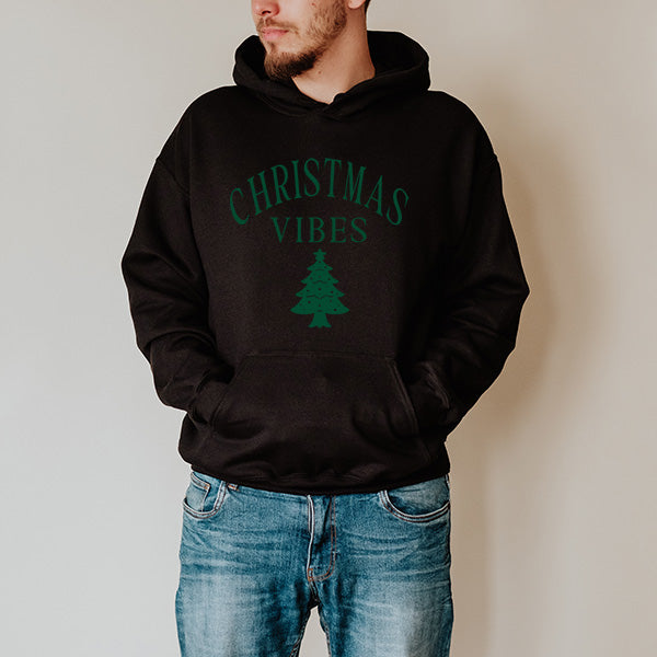 Christmas Vibes Black Hoodie for men, women and children.  Available in sizes small to 5XL.  all SKUs