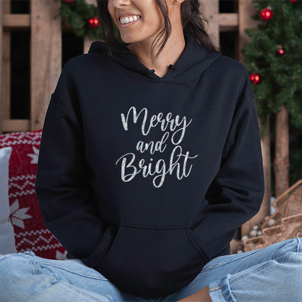 Merry and Bright Christmas Sweatshirt in black with white glitter lettering.  all SKUs