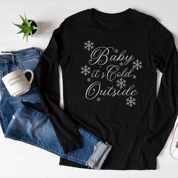 Flay Lay Black Long Sleeve TShirt with Baby it's Cold Outside text.  Christmas TShirt. all SKUs