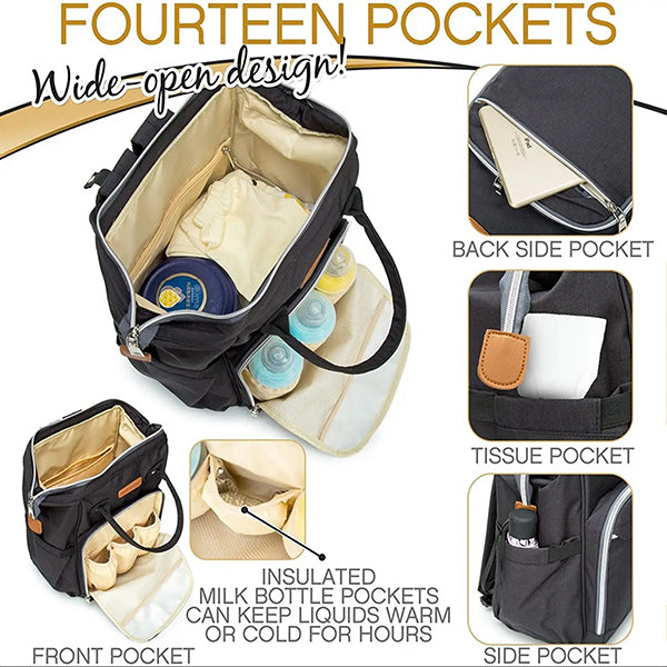Baby Diaper Bag with USB Charger Port for Mom & Dad, Large Capacity - Black - Fourteen Pockets