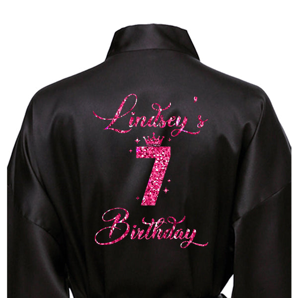 7th Birthday Girl Robe.  Black Satin featuring hot pink print.  Personalized robes for girls