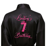 7th Birthday Girl Robe.  Black Satin featuring hot pink print.  Personalized robes for girls