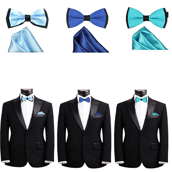 Mens Blue and Black Formal Event Pre-Tied Bow Tie and Pocket Square - Gifts Are Blue - 1