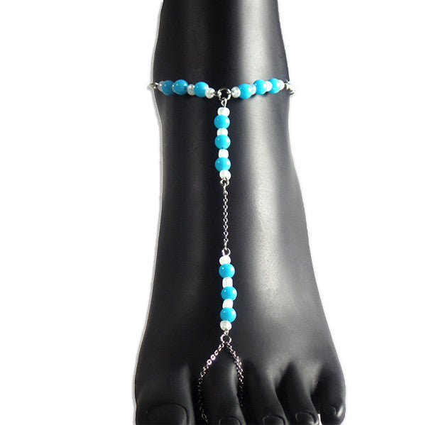 Light Blue and White Beaded Barefoot Sandal with Silver Plated Chain - Gifts Are Blue - 3