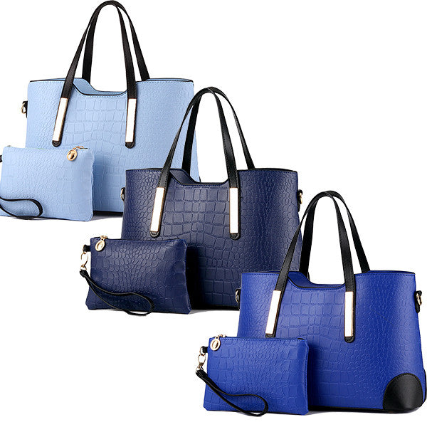 Womens Croc Embossed Blue Handbag Set