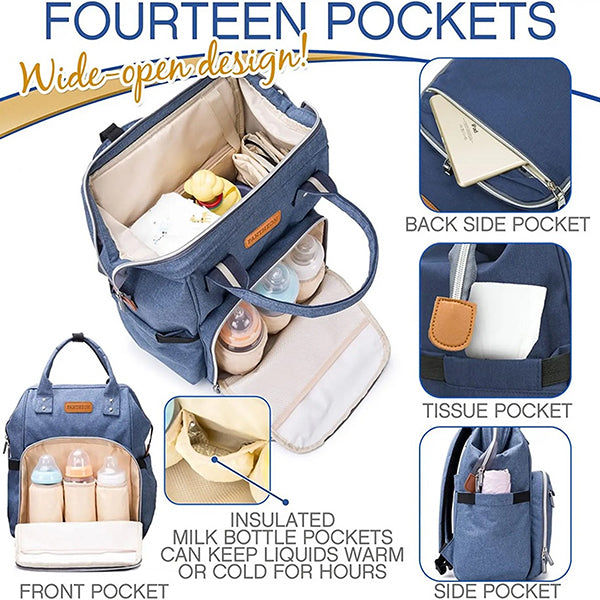 Blue Baby Diaper Bag with USB Charger Port for Moms & Dad - Gift for Expecting Parents - Fourteen Pockets