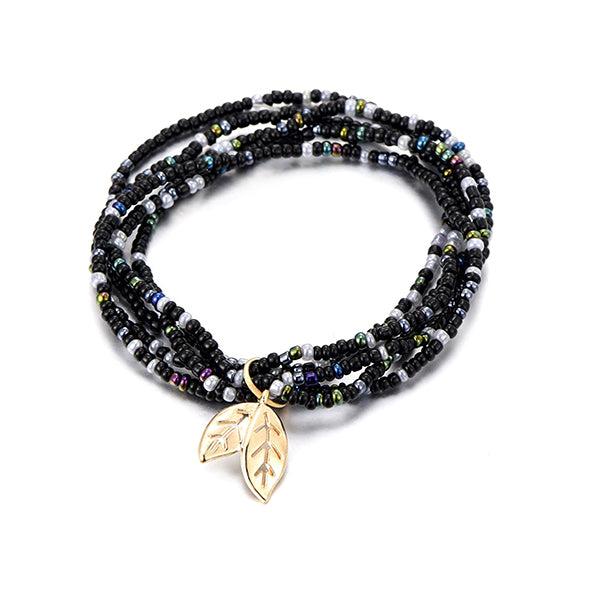 Boho Tree of Life Bracelet Black Leaf Charm