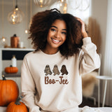 Halloween sweatshirt with Boo-Jee texts and three stylish ghosts. all SKUs