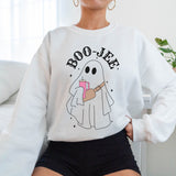 Halloweentown Sweatshirt with a cute ghosts holding a pink tumbler and a messenger style bag with the appropriate words of Boo-Jee. all SKUs