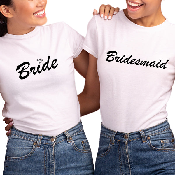 Bride And Bridesmaid Bachelorette Party T Shirts Crewneck , Bridesmaid Shirts, Bridemaids Tees, Bachelorette Party Shirts - White Bride And Main