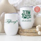 Bridesmaid wine tumblers that can be fully personalized with name, title, date and phrase. 