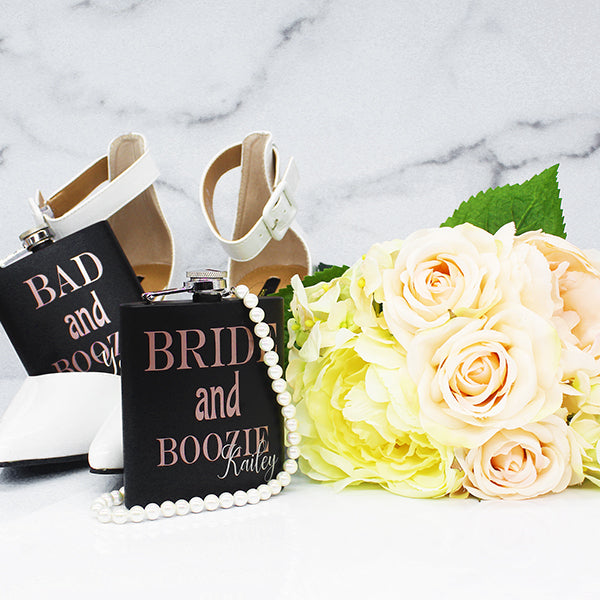 Bridesmaid Matte Flask Set with Two Shot Glasses And Gift Box, Personalized with Rose Gold Design - 7oz - Gifts for Bridesmaids, Gifts for Bachelorette Party - Lifestyle