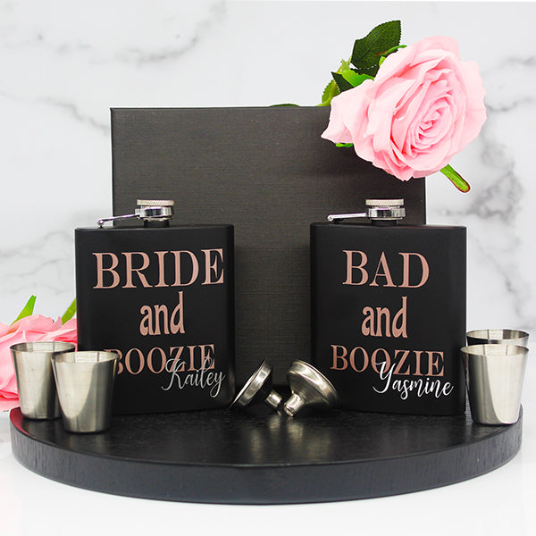 Bridesmaid Matte Flask Set with Two Shot Glasses And Gift Box, Personalized with Rose Gold Design - 7oz - Gifts for Bridesmaids, Gifts for Bachelorette Party - Main