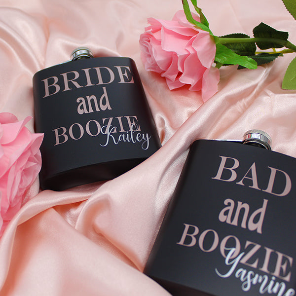 Bridesmaid Matte Flask Set with Two Shot Glasses And Gift Box, Personalized with Rose Gold Design - 7oz - Gifts for Bridesmaids, Gifts for Bachelorette Party - Pink Silk Background