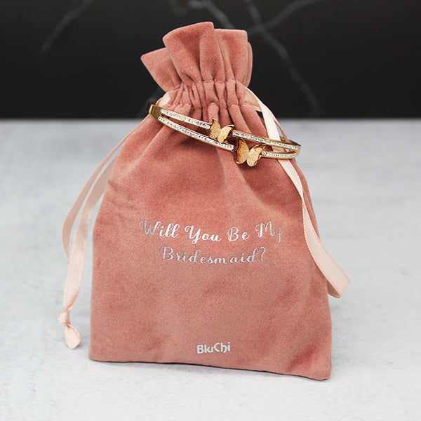 Rose Gold Jewelry Pouch with words Will You Be My Bridesmaid - Butterfly Bracelet with Cubic Zirconia