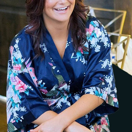 Floral Satin Robes, Blue-White, 2T-38 Womens Plus, Satin, MidLength - Gifts Are Blue