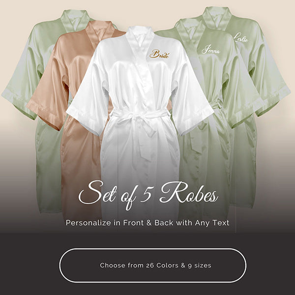 Beautiful bridesmaid robes set of 5 for getting ready at wedding, birthday parties, girls trips and so much more.  These are above the knee satin robes that comes with an inside tie string and outer sash.  Personalized robes in front and back.