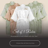 Beautiful bridesmaid robes set of 5 for getting ready at wedding, birthday parties, girls trips and so much more.  These are above the knee satin robes that comes with an inside tie string and outer sash.  Personalized robes in front and back.