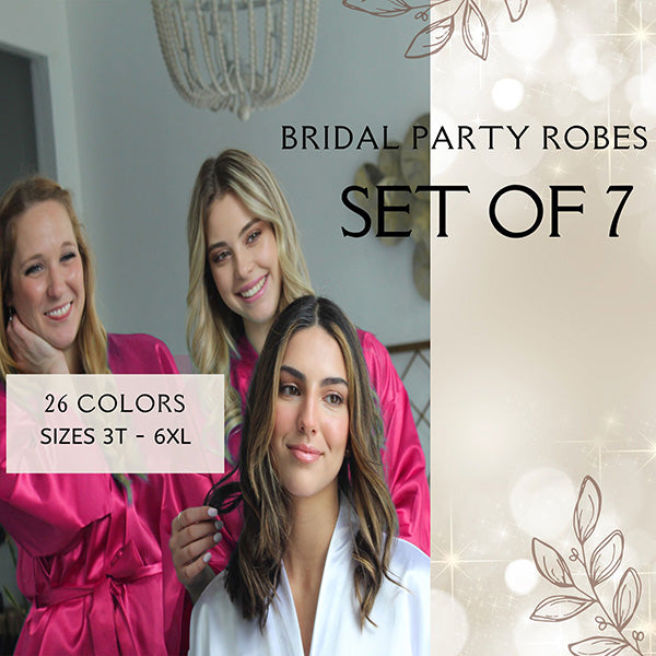 bridesmaid robes set of 7 for the entire bridal squad.  Get bride robe, maid of honor robe, matron of honor robe, mother of the bride robe, flower girl robe and more.