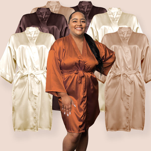 Personalized bridal party robe set of 7 - Model is wearing terracotta robe surrounded by beige, chocolate and champagne gold robes.