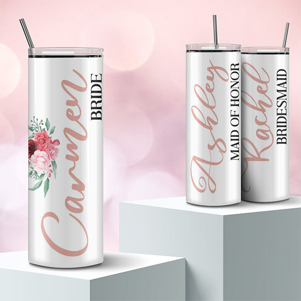 Custom bride tumbler, bridesmaid tumbler, maid of honor tumbler and more.