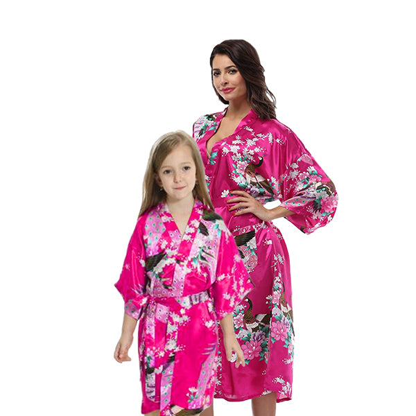 Bright Pink Mommy and Me Robes, Floral, Satin, Main, all SKUs