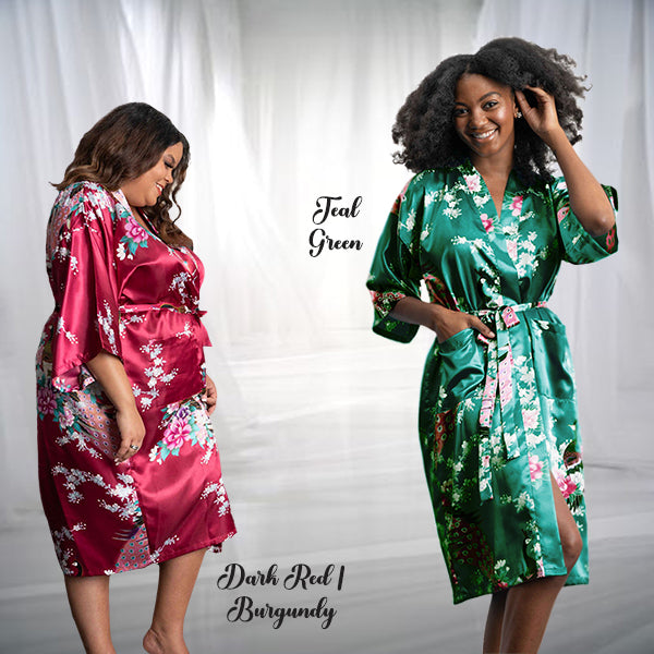 Floral Wine/Burgundy & Teal Green Satin Bridesmaid Robes in Womens Plus Sizes