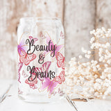 Hibiscus Butterflies with Name, Personalized 16 oz Tumbler Glass Can with Bamboo Lid and Straw, Birthday Girl and Birthday Squad Glass Tumbler