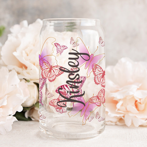 Libbey glass can designed with hibiscus butterflies. Personalized glass can with name and choose from 15 fonts and colors.