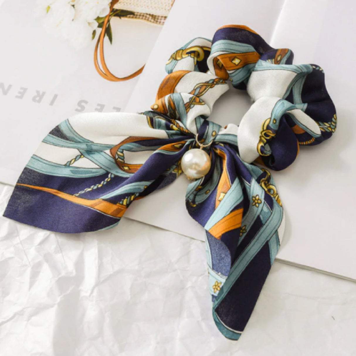 Chiffon Bowknot Satin Scrunchies Blue and White Lifestyle